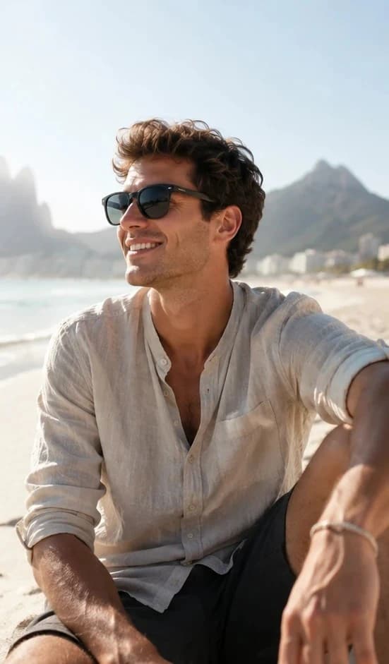 Pessoa usando óculos em ambiente de praia